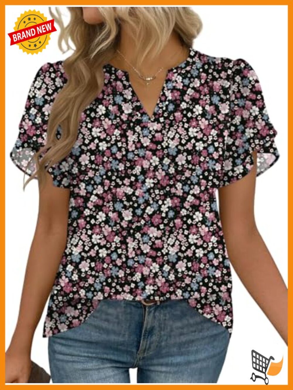 Women's Lightweight Polyester Crepe Floral V-Neck Petal Sleeve Blouse